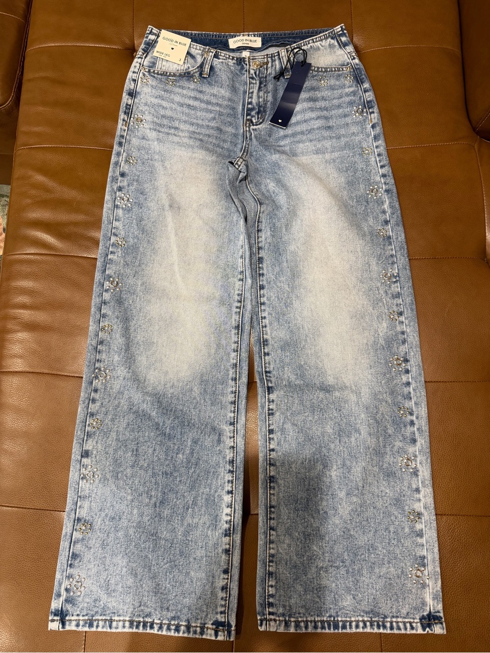 Good in Blue Juniors Wide-Leg Low Rise Light Wash Rhinestone Denim Jeans 3